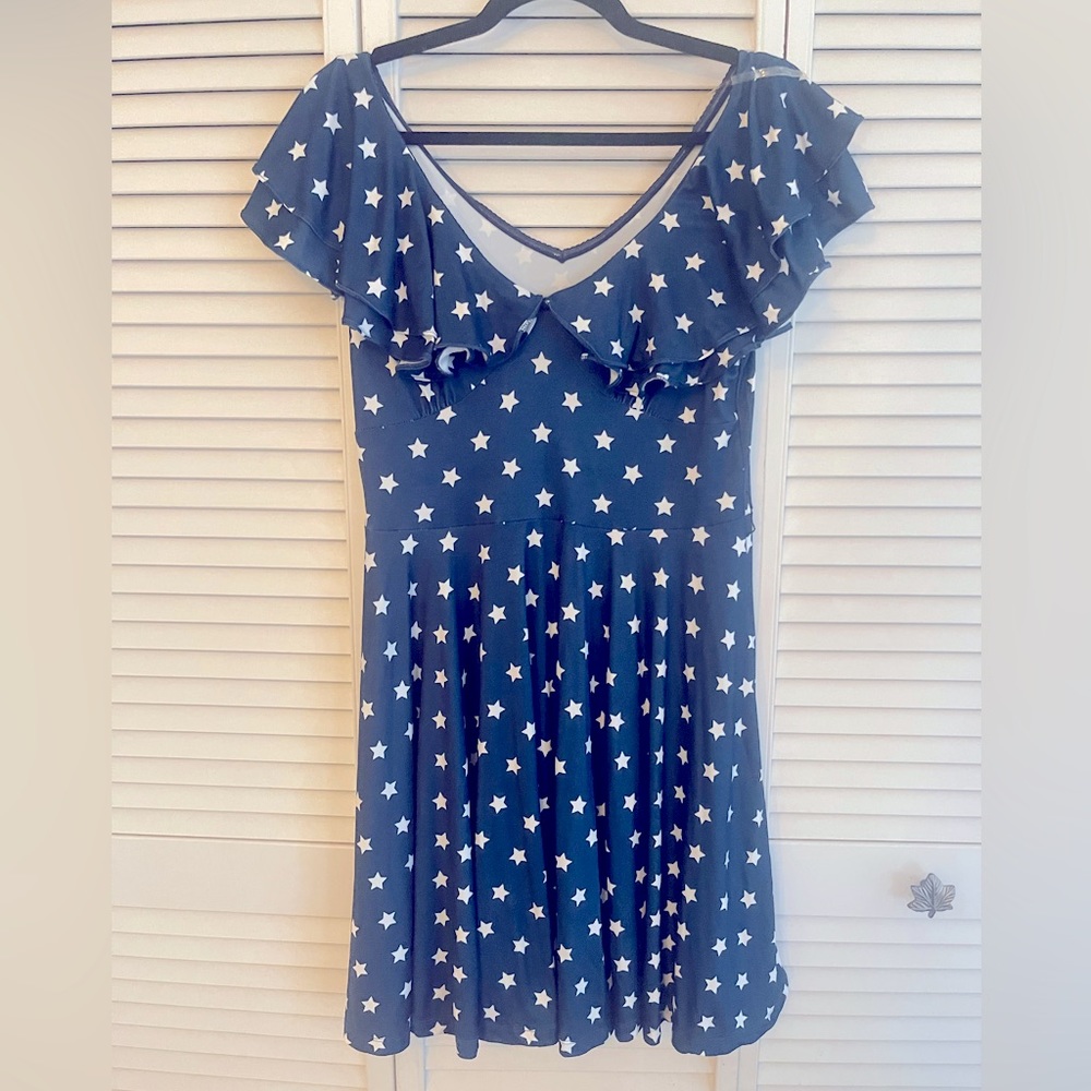 Unique Vintage Navy and White Stars Ruffle Sleeve Dress. Size L